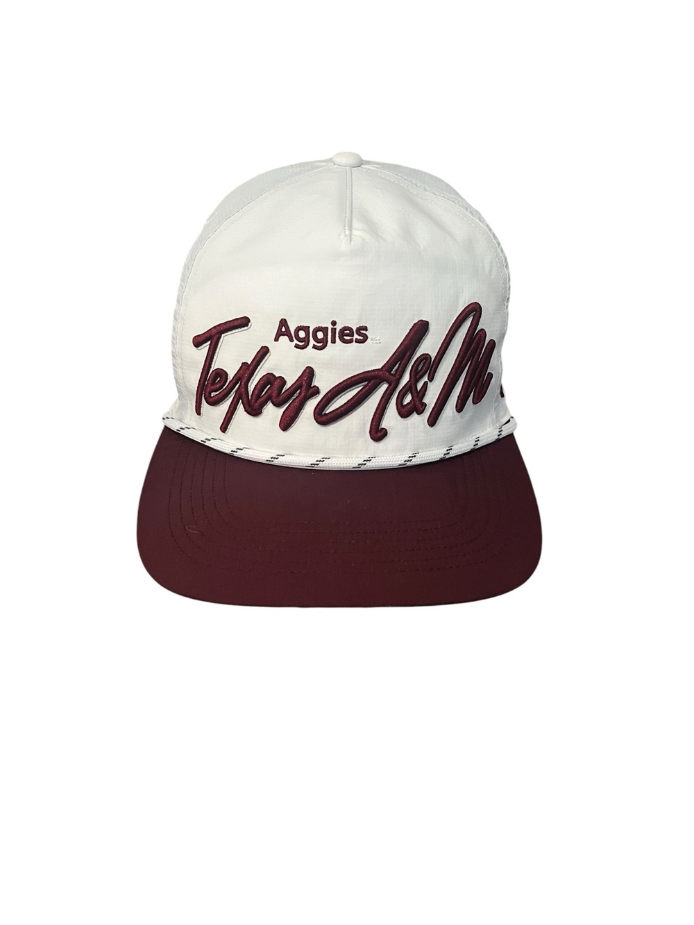 ‘47 Texas A&M Aggies Raised Embroidered Script Cap SnapBack White Maroon OS